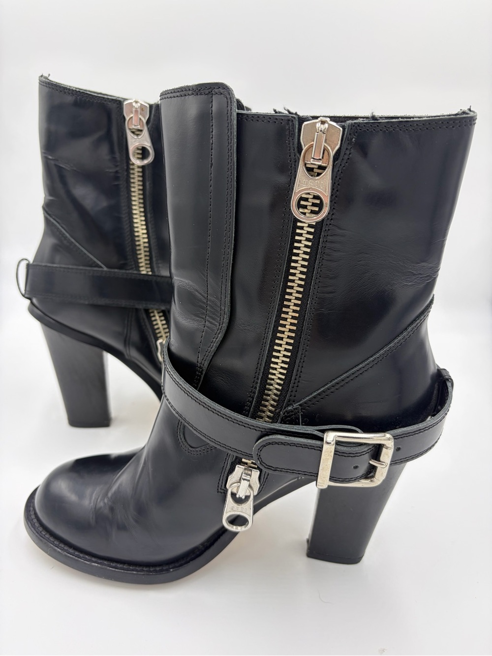 Chloe Black Leather Mid-Calf Heeled Boots, Bootie with Silver Buckle, Zippers 39